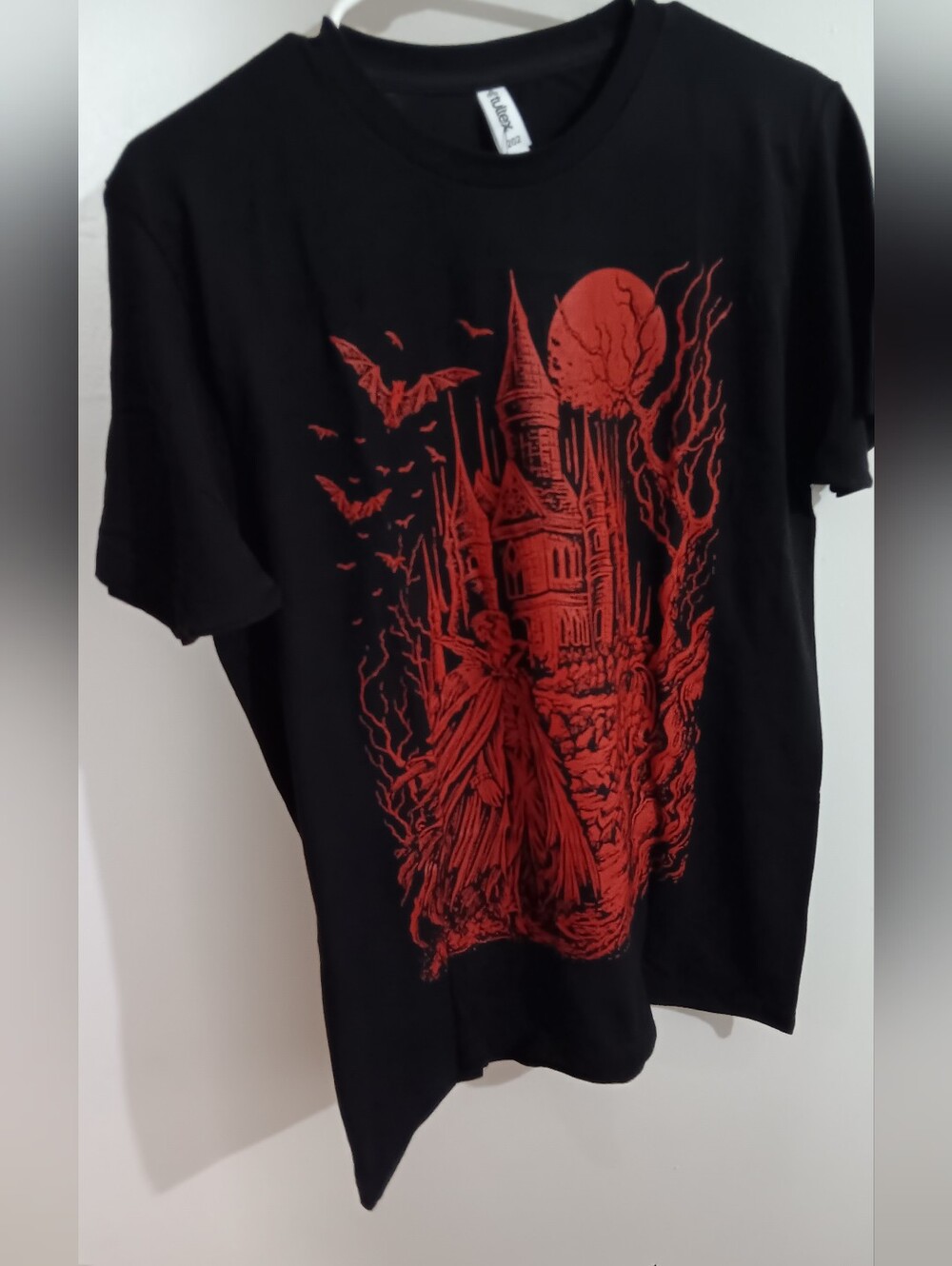 Graphic Tee with Red Gothic Castle Print